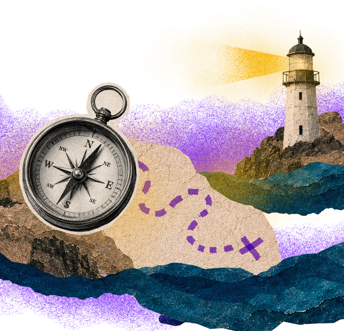 Collage: a compass resting on a dotted route toward a lighthouse.