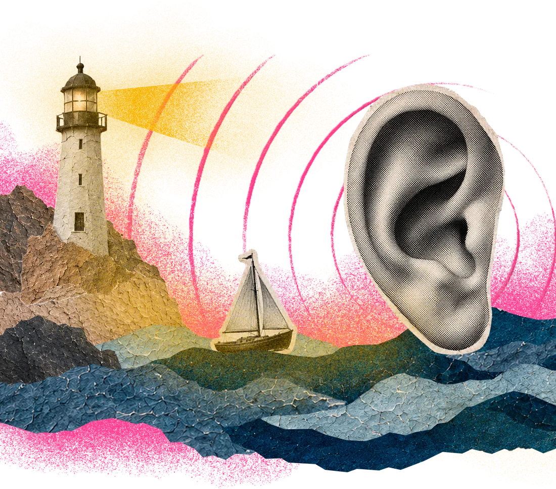 Collage: an etched ear over a sailboat and a sweeping lighthouse beam.