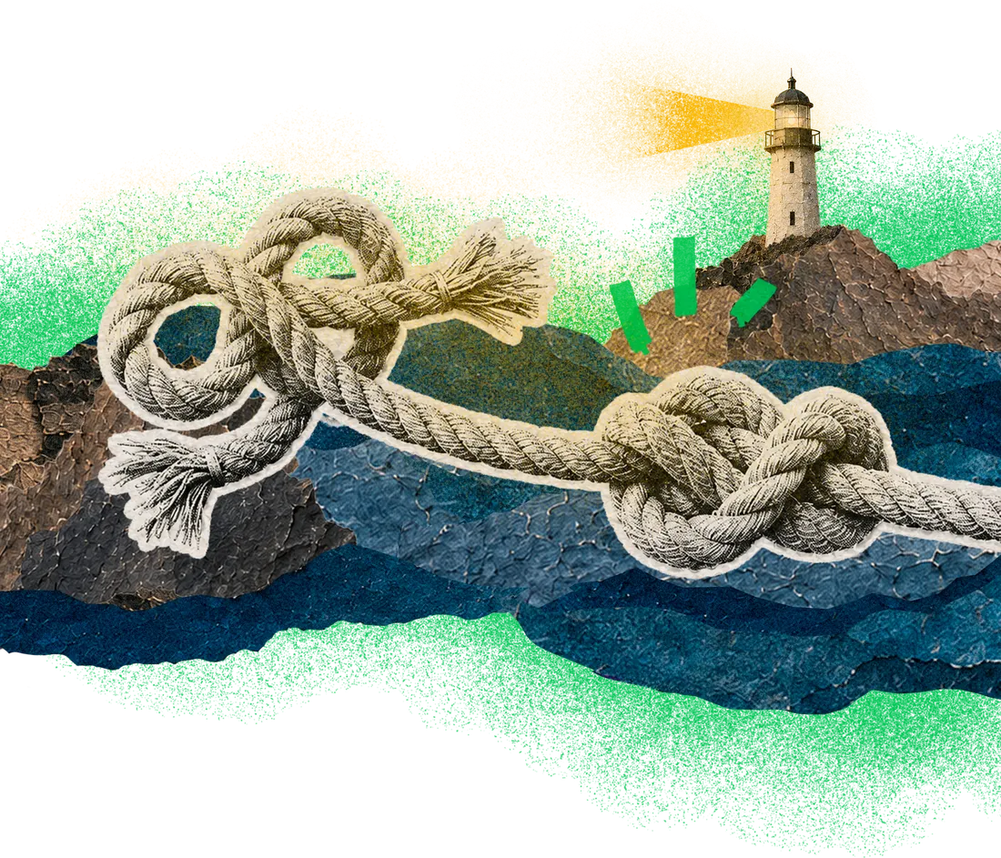 Collage: mooring knots in etched rope before a lighthouse.