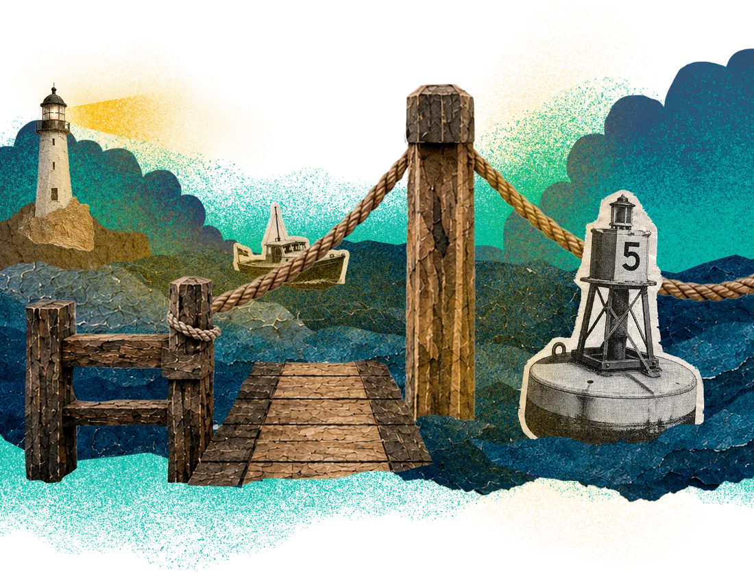 Collage: a rope barrier and a numbered channel buoy at a pier.
