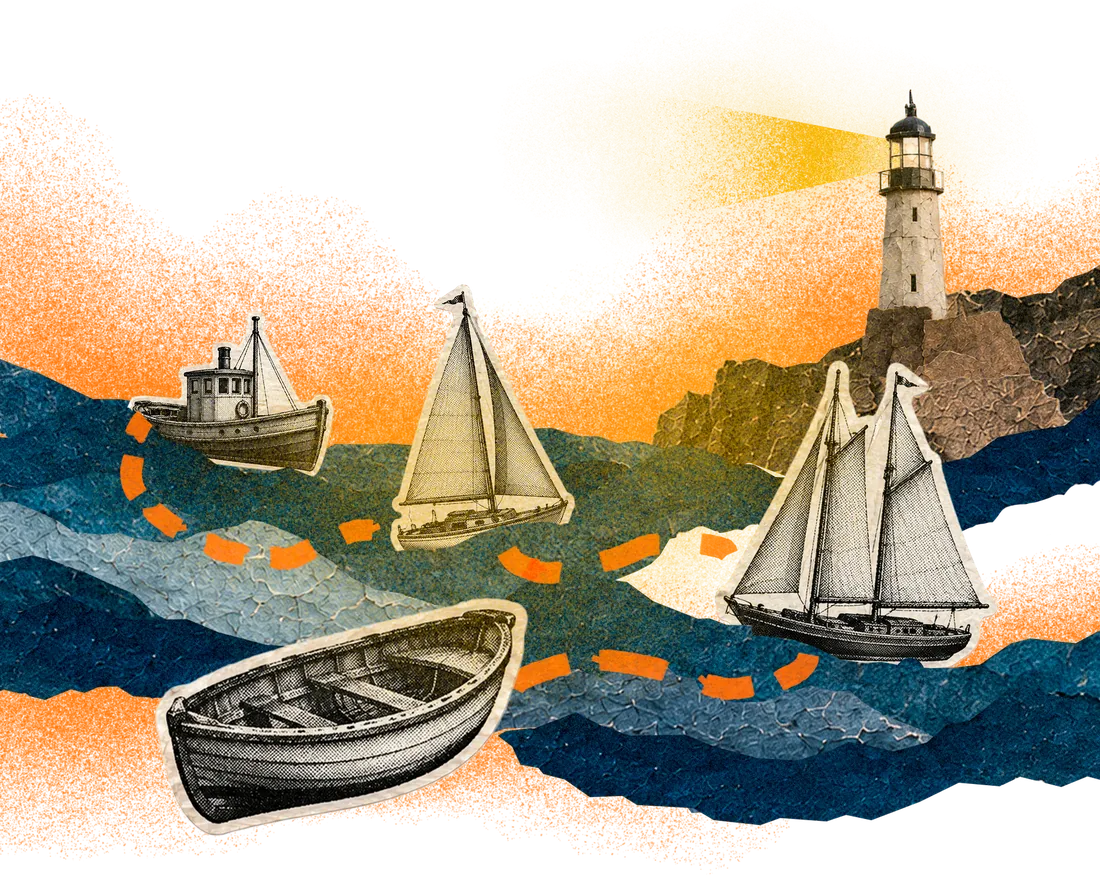 Collage: sailboats crossing between torn-paper waves toward a lighthouse.