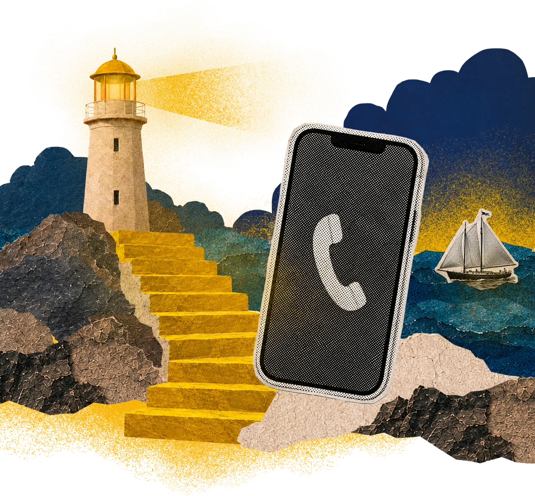 Collage: a phone in front of a lighthouse with golden stairs.